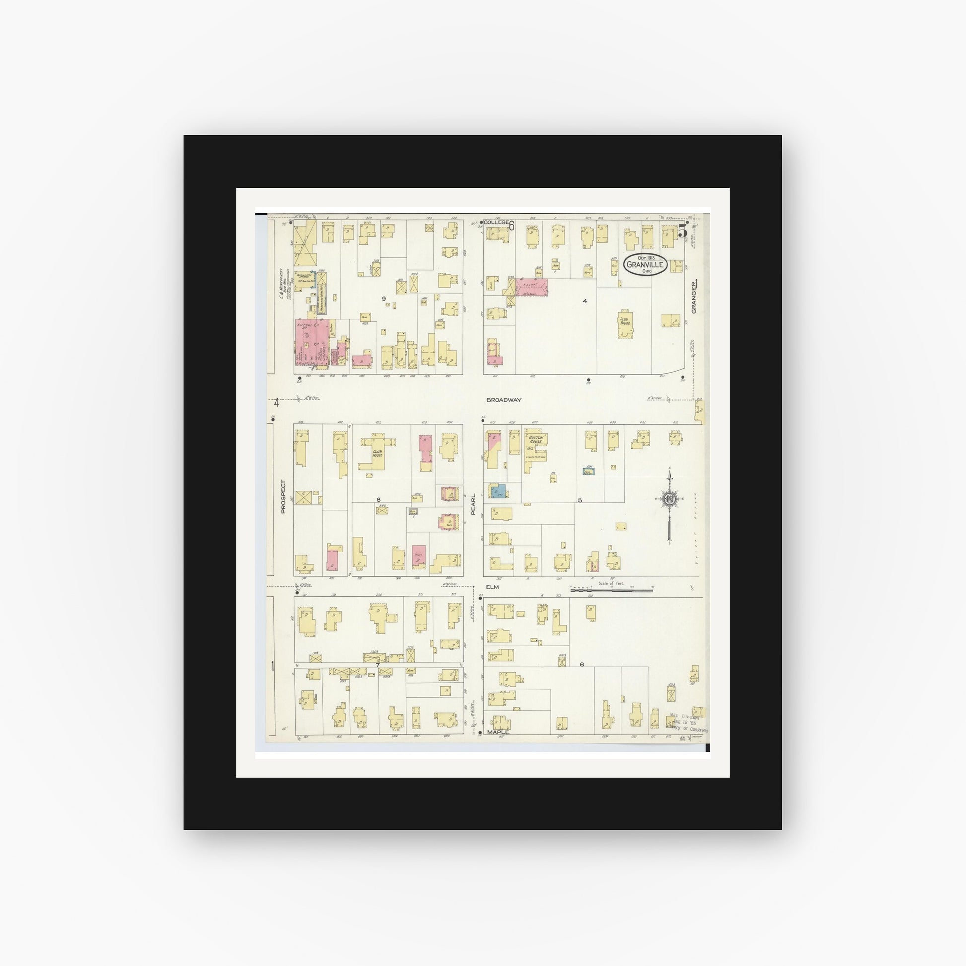 Old map wall art mockup — black gallery frame with white mat — Sanborn Fire Insurance Map from Granville, Licking County, Ohio (1913), Sheet #0005