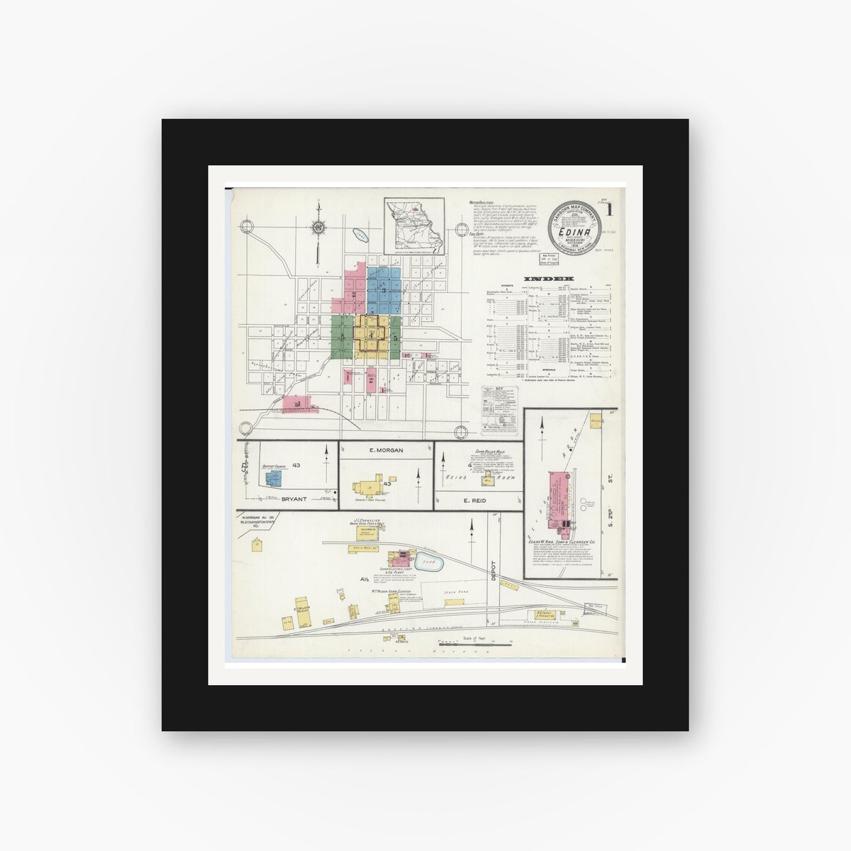 Old map wall art mockup — black gallery frame with white mat — Sanborn Fire Insurance Map from Edina, Knox County, Missouri (1916) - Complete Map Set