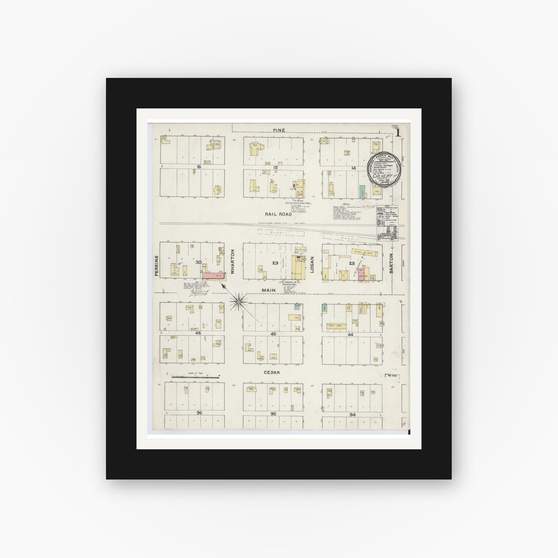 Old map wall art mockup — black gallery frame with white mat — Sanborn Fire Insurance Map from Calvert, Robertson County, Texas (1891) - Complete Map Set