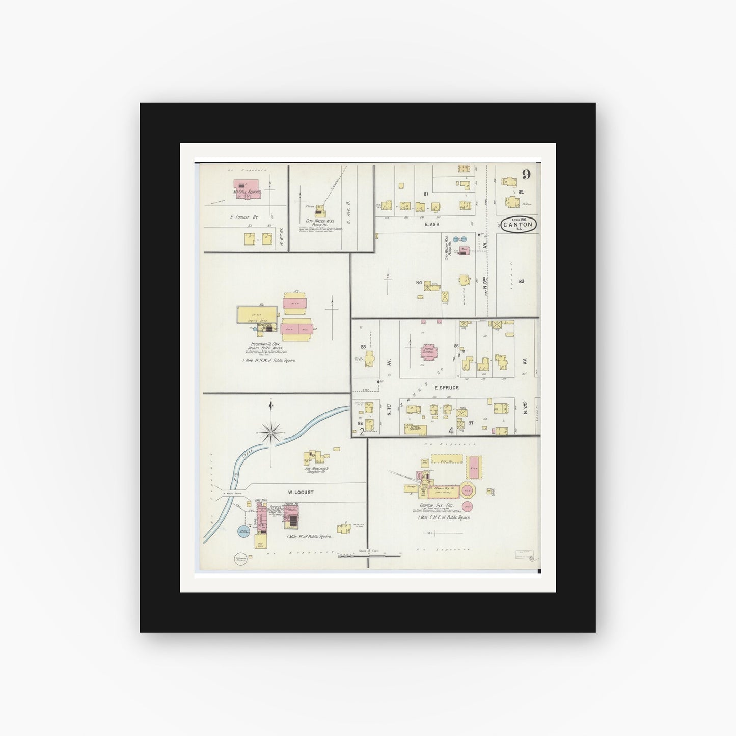 Old map wall art mockup — black gallery frame with white mat — Sanborn Fire Insurance Map from Canton, Fulton County, Illinois (1896), Sheet #0009