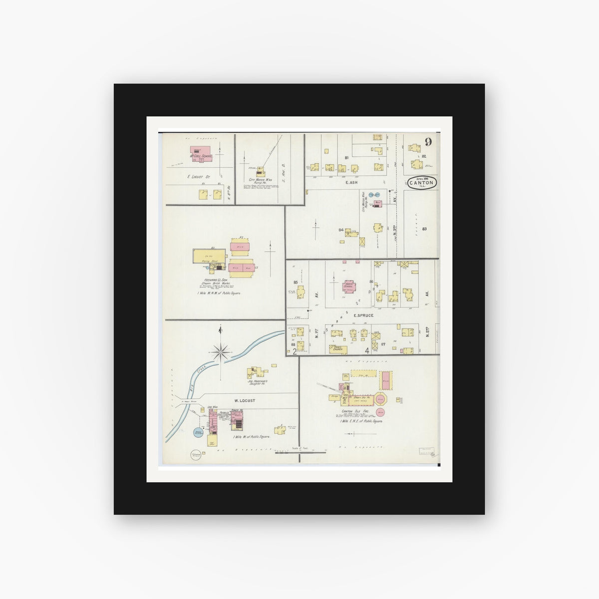Old map wall art mockup — black gallery frame with white mat — Sanborn Fire Insurance Map from Canton, Fulton County, Illinois (1896), Sheet #0009