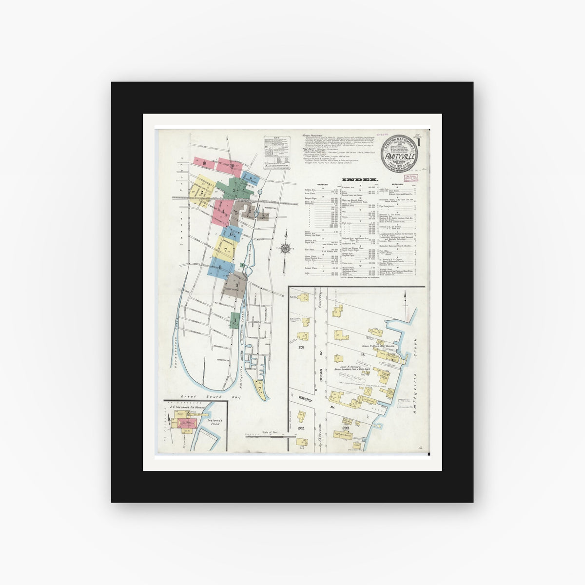 Old map wall art mockup — black gallery frame with white mat — Sanborn Fire Insurance Map from Amityville, Suffolk County, New York (1910), Sheet #0001