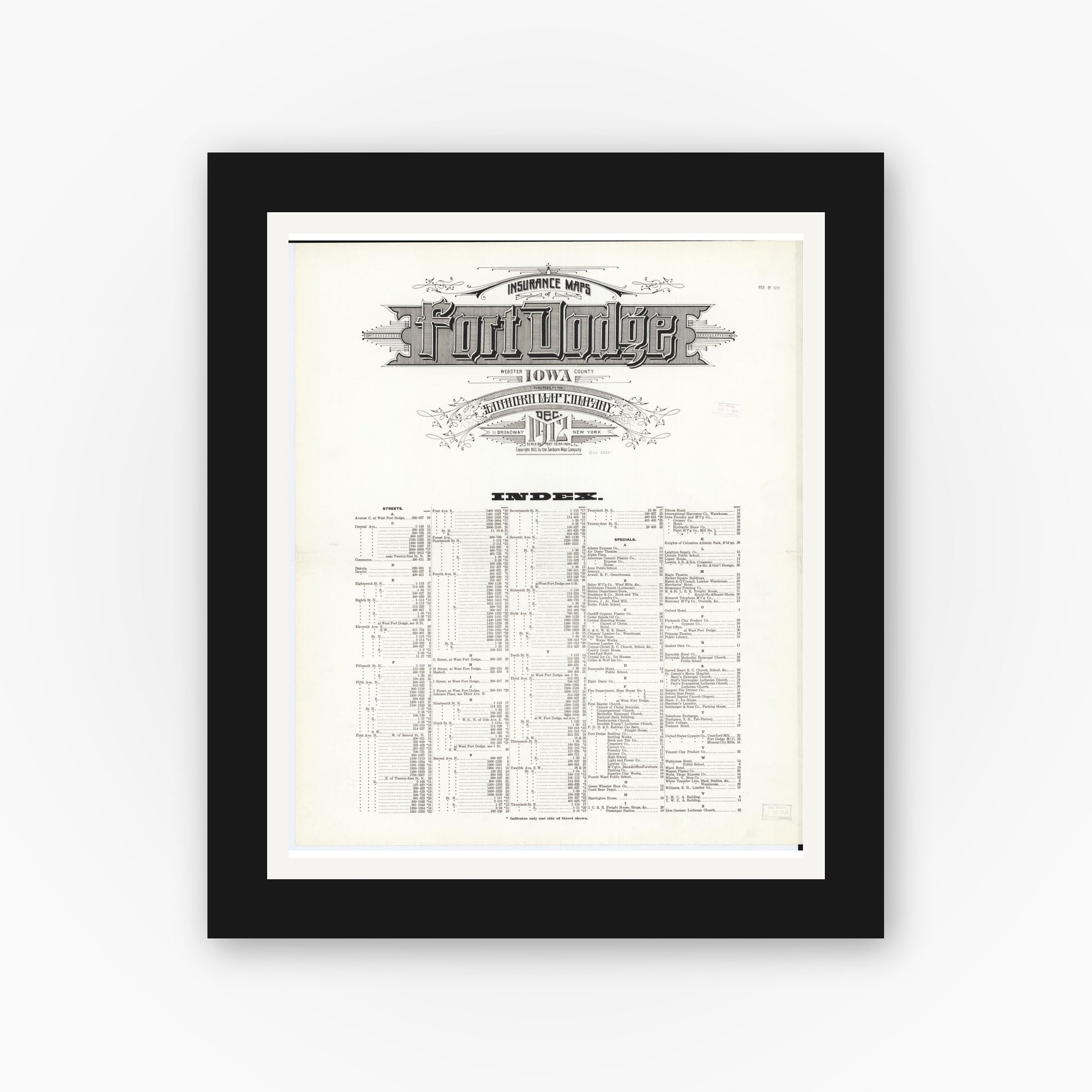 Old map wall art mockup — black gallery frame with white mat — Sanborn Fire Insurance Map from Fort Dodge, Webster County, Iowa (1912), Sheet #0001