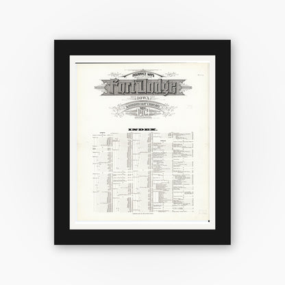 Old map wall art mockup — black gallery frame with white mat — Sanborn Fire Insurance Map from Fort Dodge, Webster County, Iowa (1912), Sheet #0001