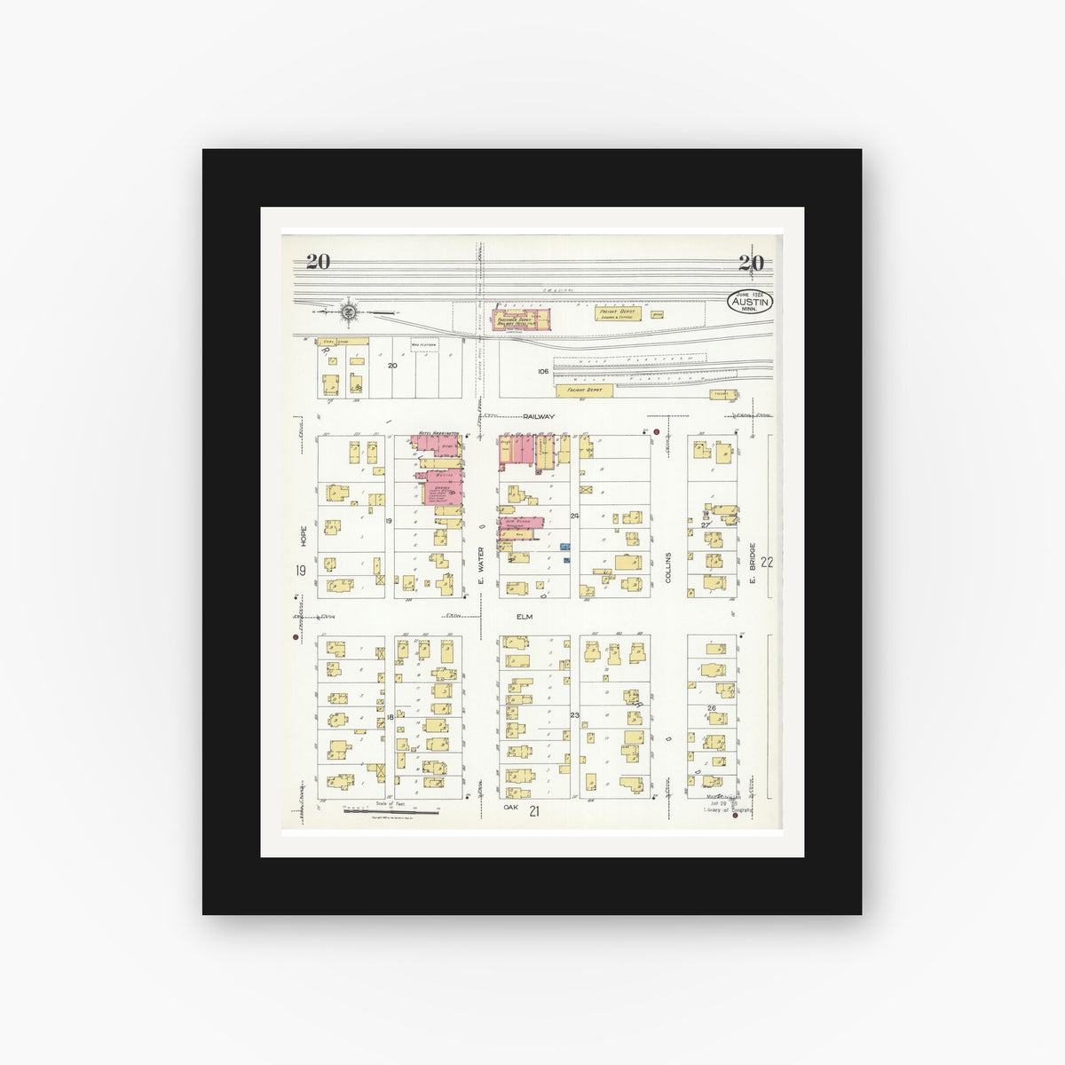 Old map wall art mockup — black gallery frame with white mat — Sanborn Fire Insurance Map from Austin, Mower County, Minnesota (1926), Sheet #0020