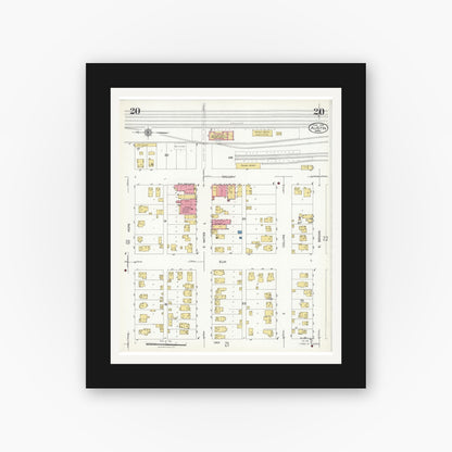 Old map wall art mockup — black gallery frame with white mat — Sanborn Fire Insurance Map from Austin, Mower County, Minnesota (1926), Sheet #0020