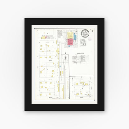 Old map wall art mockup — black gallery frame with white mat — Sanborn Fire Insurance Map from Garner, Hancock County, Iowa (1907) â€” Complete Set