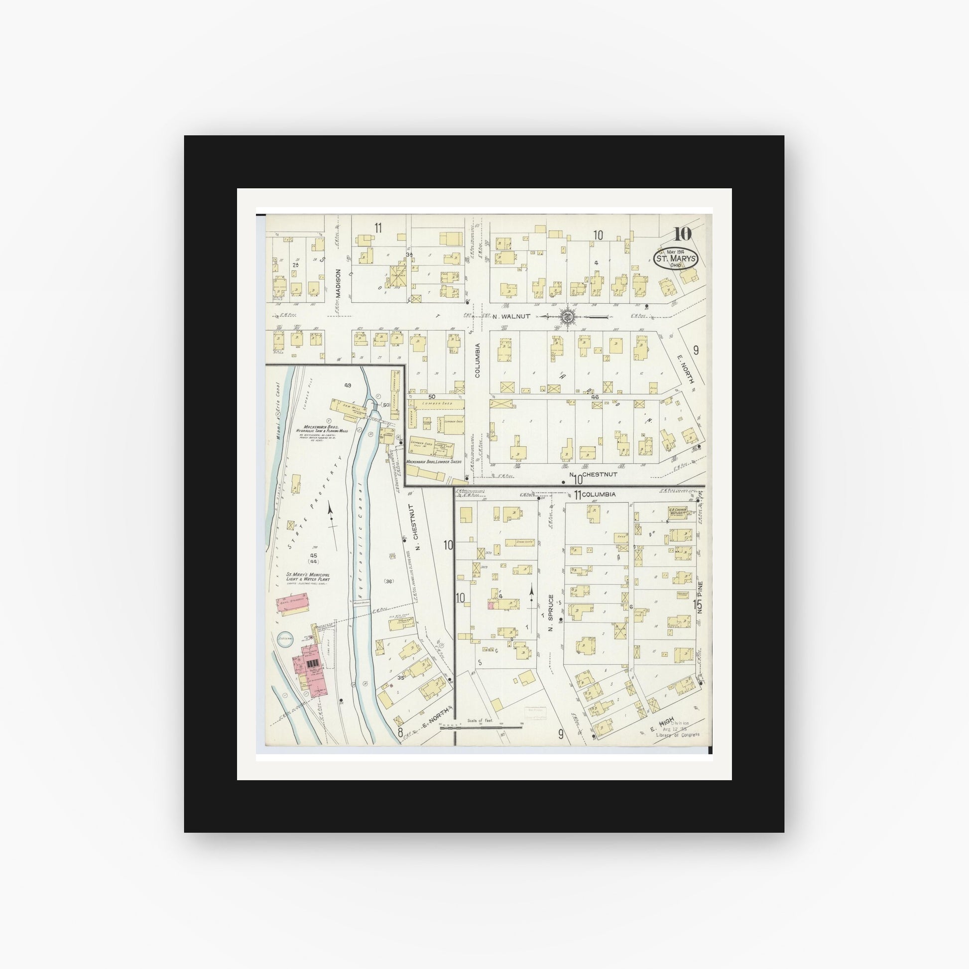 Old map wall art mockup — black gallery frame with white mat — Sanborn Fire Insurance Map from Saint Marys, Auglaize County, Ohio (1914), Sheet #0010