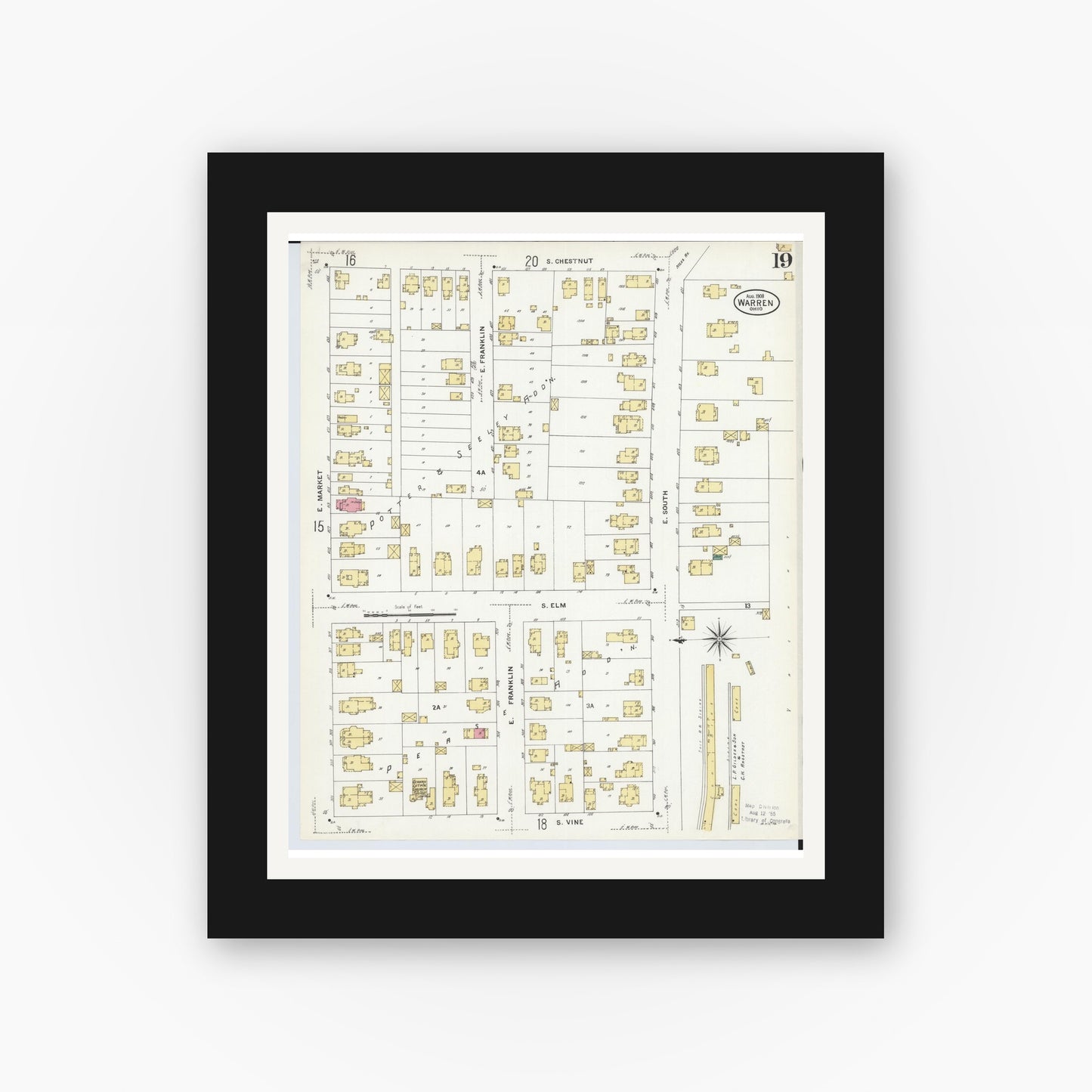 Old map wall art mockup — black gallery frame with white mat — Sanborn Fire Insurance Map from Warren, Trumbull County, Ohio (1908), Sheet #0019