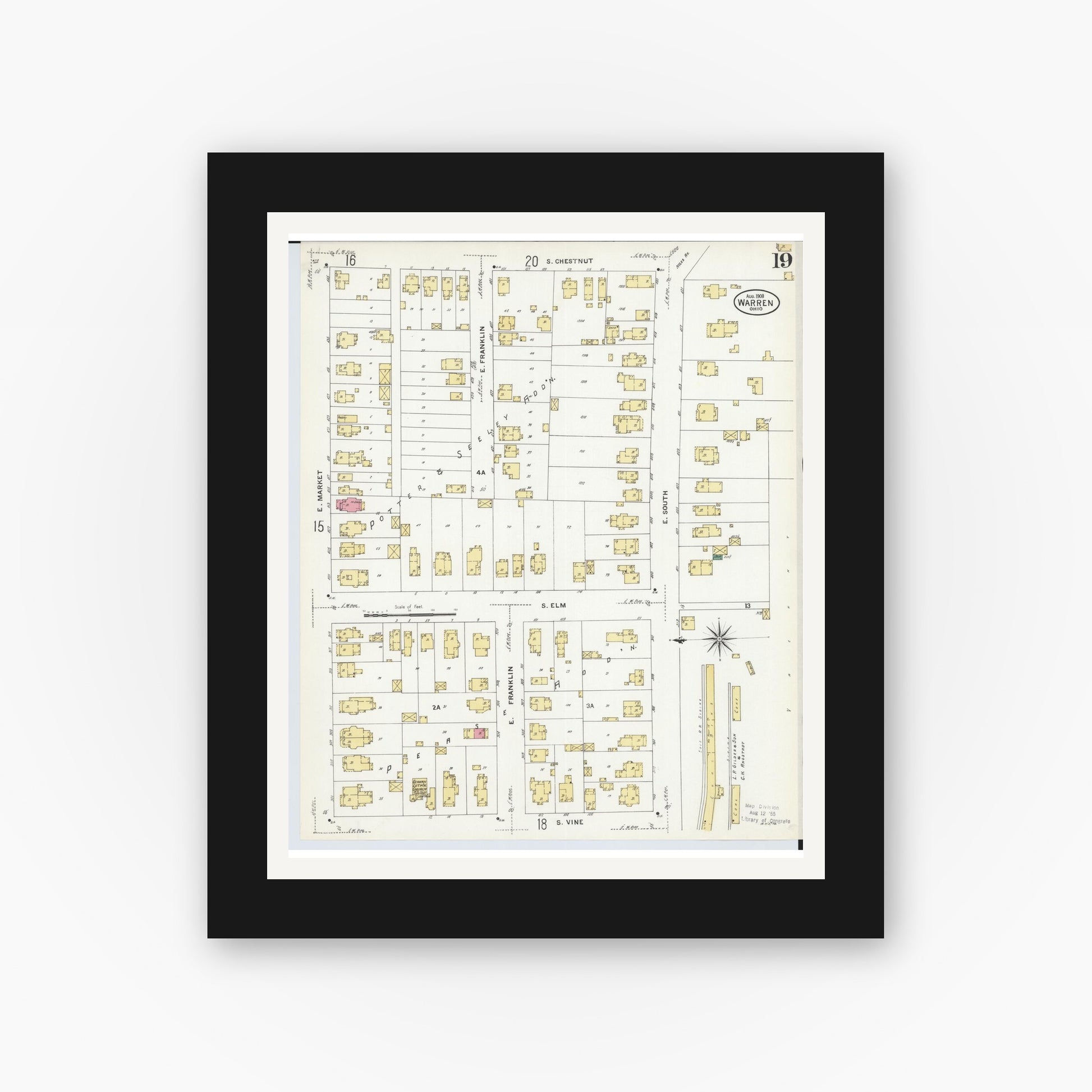Old map wall art mockup — black gallery frame with white mat — Sanborn Fire Insurance Map from Warren, Trumbull County, Ohio (1908), Sheet #0019