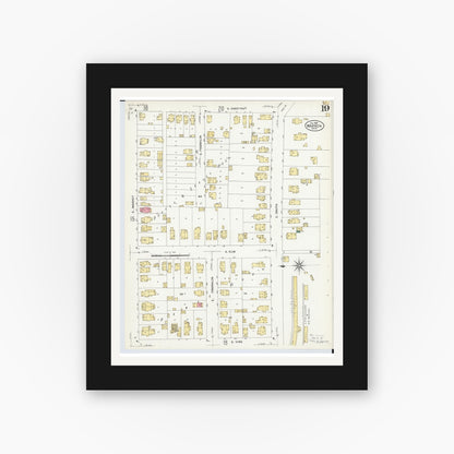 Old map wall art mockup — black gallery frame with white mat — Sanborn Fire Insurance Map from Warren, Trumbull County, Ohio (1908), Sheet #0019