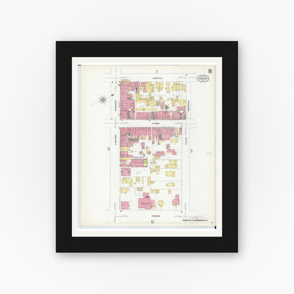 Old map wall art mockup — black gallery frame with white mat — Sanborn Fire Insurance Map from Adrian, Lenawee County, Michigan (1908), Sheet #0008