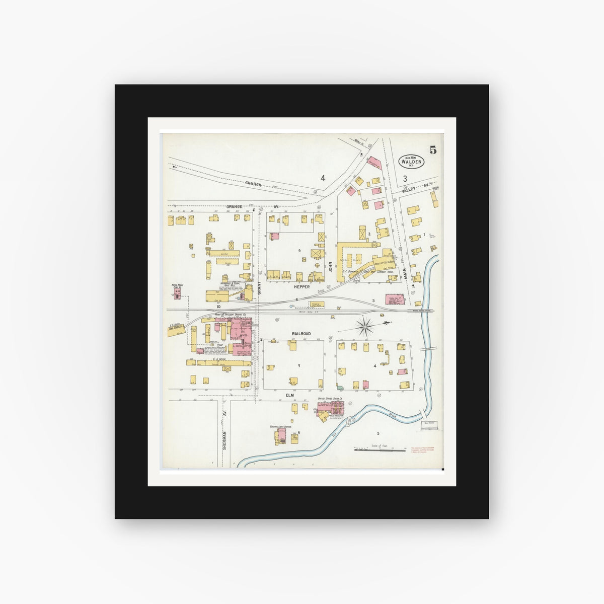 Old map wall art mockup — black gallery frame with white mat — Sanborn Fire Insurance Map from Walden, Orange County, New York (1900), Sheet #0005
