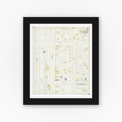 Old map wall art mockup — black gallery frame with white mat — Sanborn Fire Insurance Map from Kalkaska, Kalkaska County, Michigan (1893), Sheet #0003