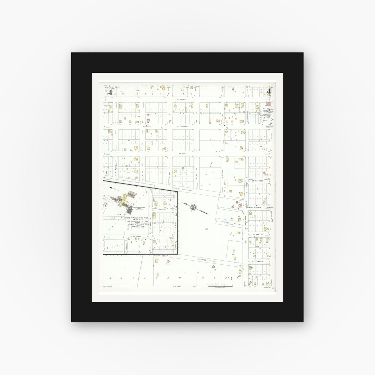 Old map wall art mockup — black gallery frame with white mat — Sanborn Fire Insurance Map from Stanton, Martin County, Texas (1935), Sheet #0004