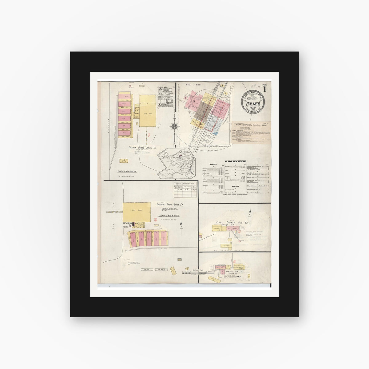 Old map wall art mockup — black gallery frame with white mat — Sanborn Fire Insurance Map from Palmer, Ellis County, Texas (1936), Sheet #0001