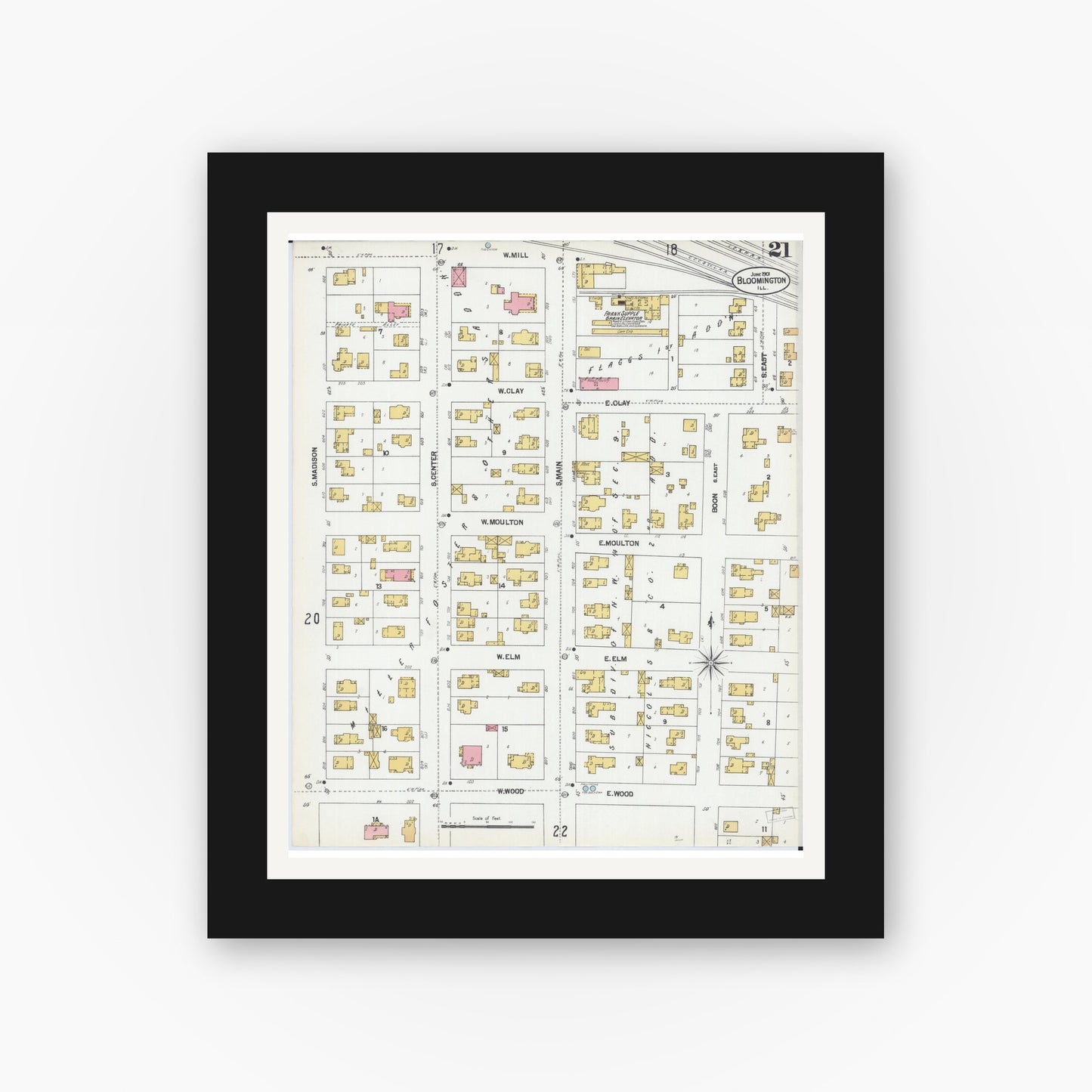 Old map wall art mockup — black gallery frame with white mat — Sanborn Fire Insurance Map from Bloomington, McLean County, Illinois (1901), Sheet #0021