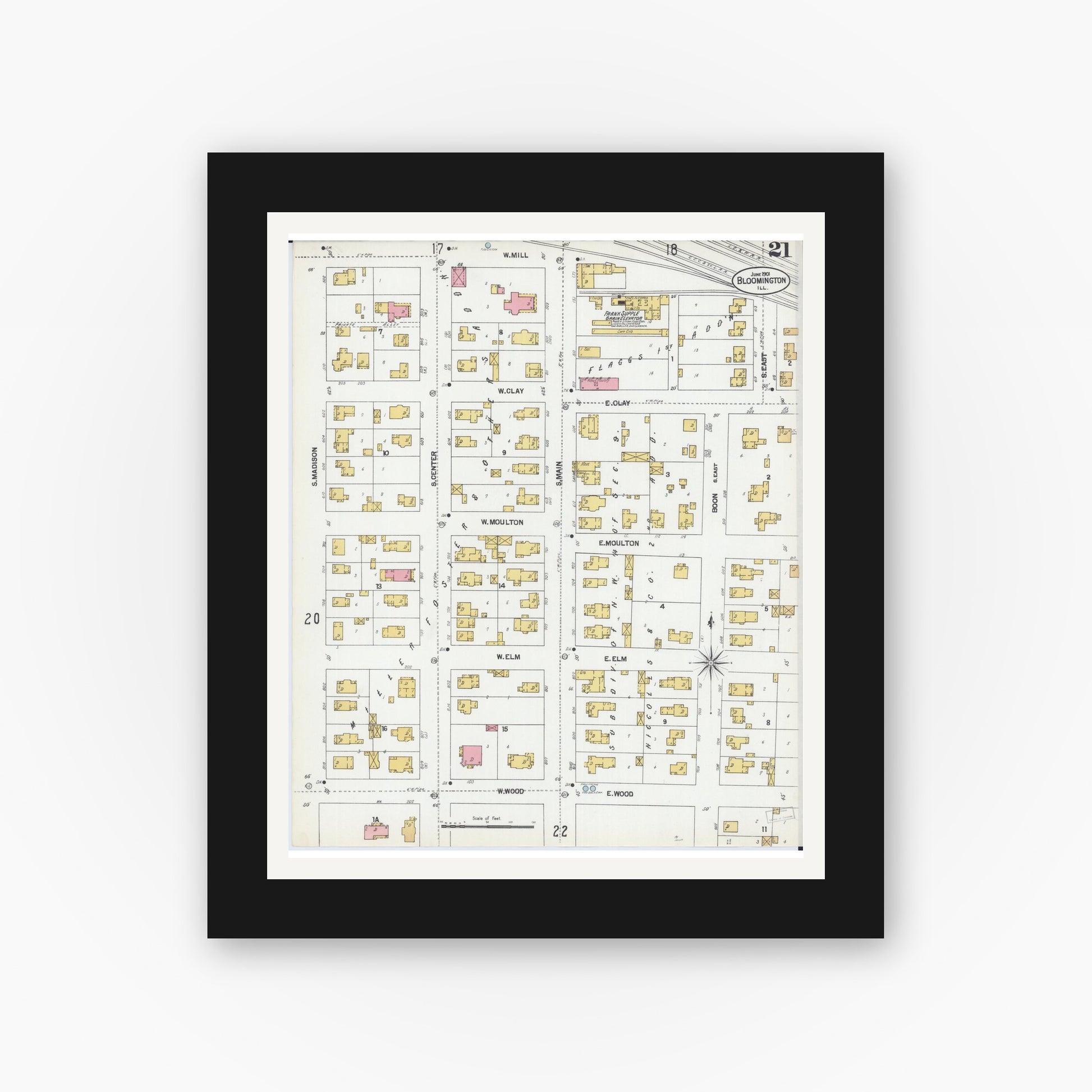 Old map wall art mockup — black gallery frame with white mat — Sanborn Fire Insurance Map from Bloomington, McLean County, Illinois (1901), Sheet #0021
