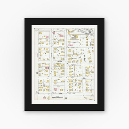 Old map wall art mockup — black gallery frame with white mat — Sanborn Fire Insurance Map from Bloomington, McLean County, Illinois (1901), Sheet #0021