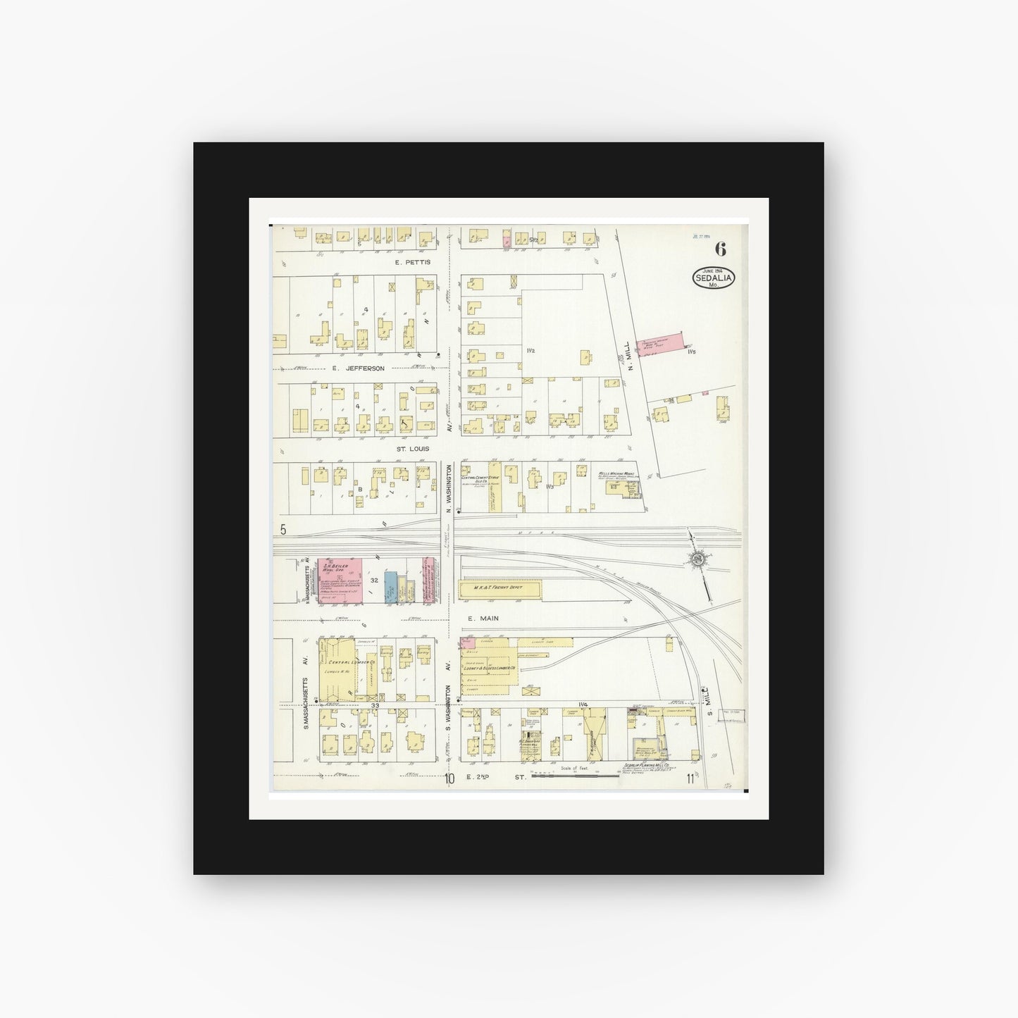 Old map wall art mockup — black gallery frame with white mat — Sanborn Fire Insurance Map from Sedalia, Pettis County, Missouri (1914), Sheet #0006