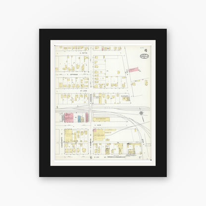 Old map wall art mockup — black gallery frame with white mat — Sanborn Fire Insurance Map from Sedalia, Pettis County, Missouri (1914), Sheet #0006