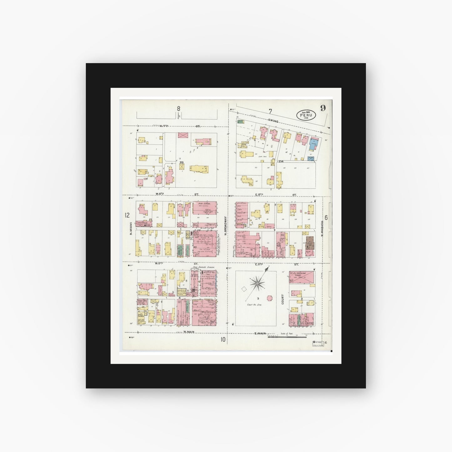 Old map wall art mockup — black gallery frame with white mat — Sanborn Fire Insurance Map from Peru, Miami County, Indiana (1906), Sheet #0009