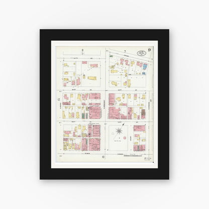 Old map wall art mockup — black gallery frame with white mat — Sanborn Fire Insurance Map from Peru, Miami County, Indiana (1906), Sheet #0009