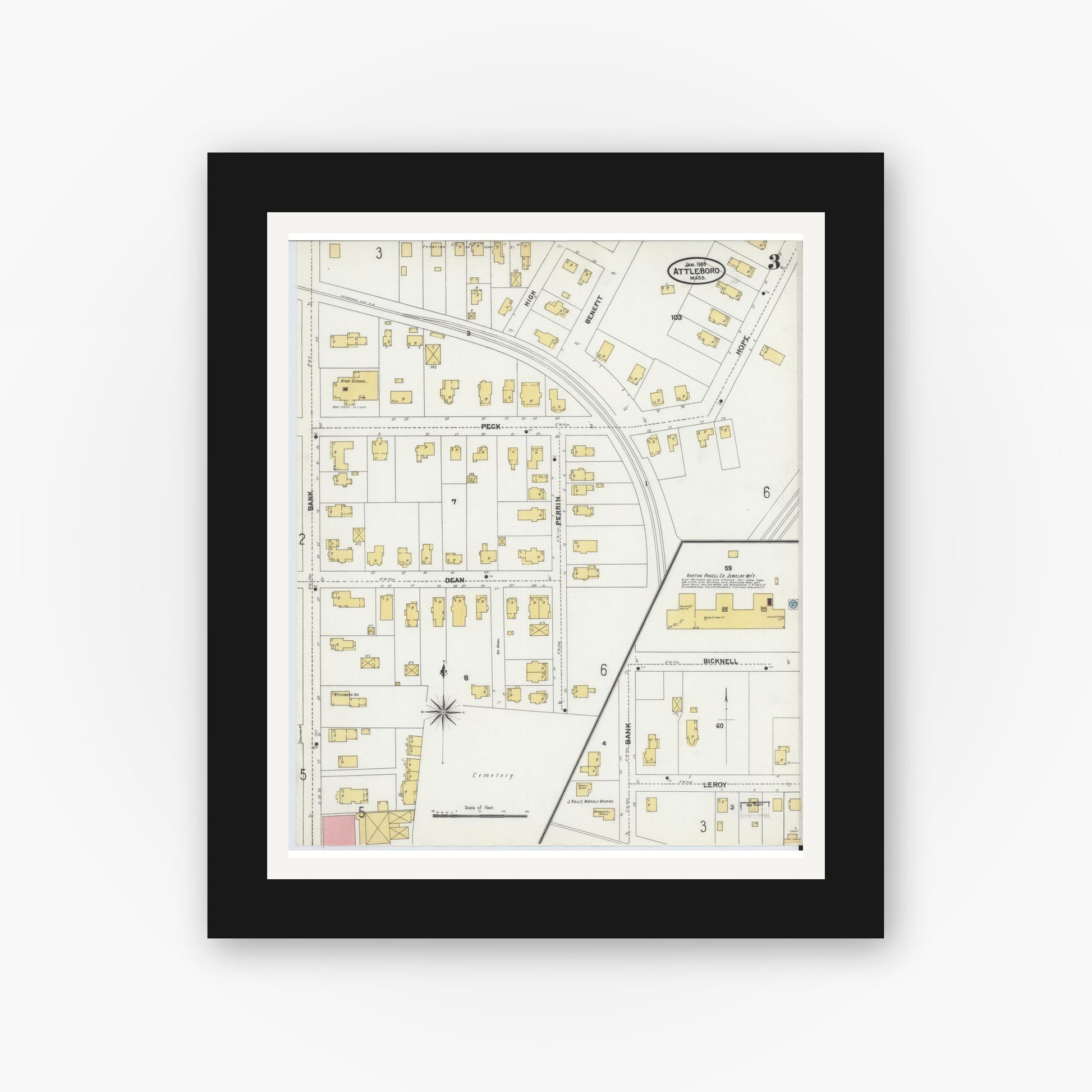 Old map wall art mockup — black gallery frame with white mat — Sanborn Fire Insurance Map from Attleboro, Bristol County, Massachusetts (1905), Sheet #0003