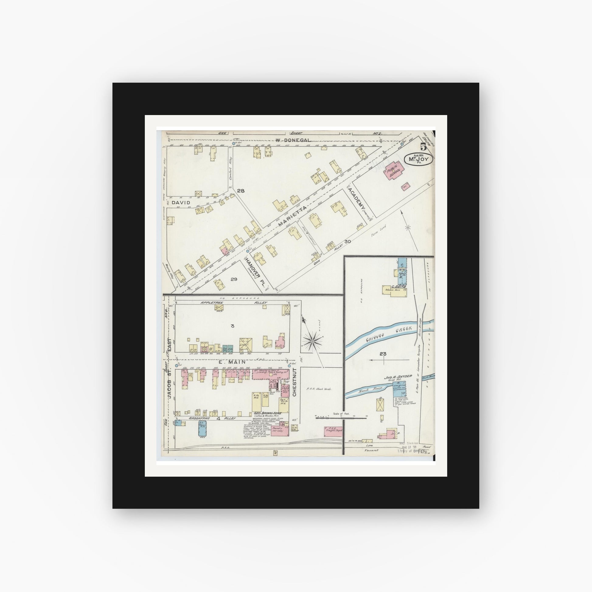 Old map wall art mockup — black gallery frame with white mat — Sanborn Fire Insurance Map from Mount Joy, Lancaster County, Pennsylvania (1891), Sheet #0005