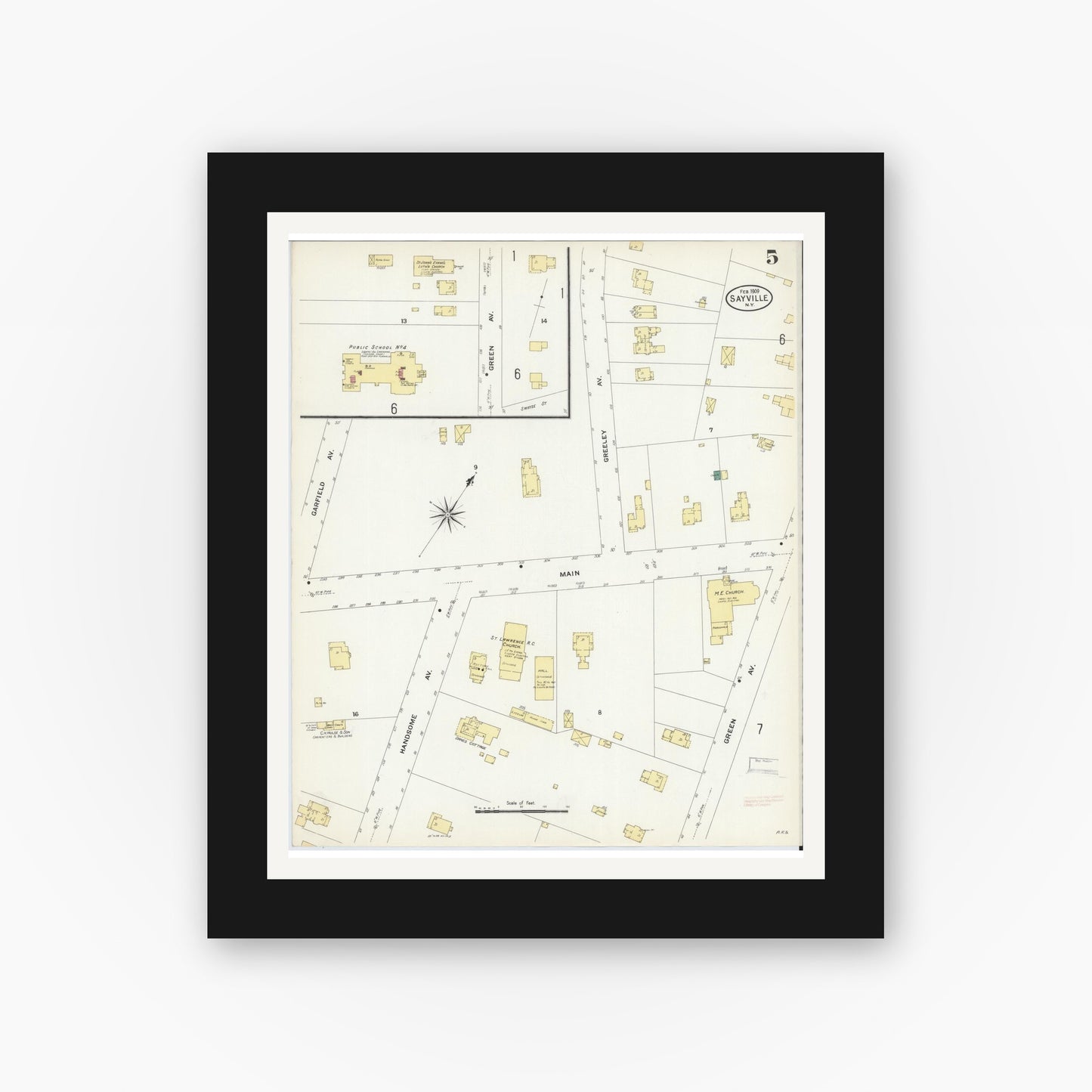 Old map wall art mockup — black gallery frame with white mat — Sanborn Fire Insurance Map from Sayville, Suffolk County, New York (1909), Sheet #0005