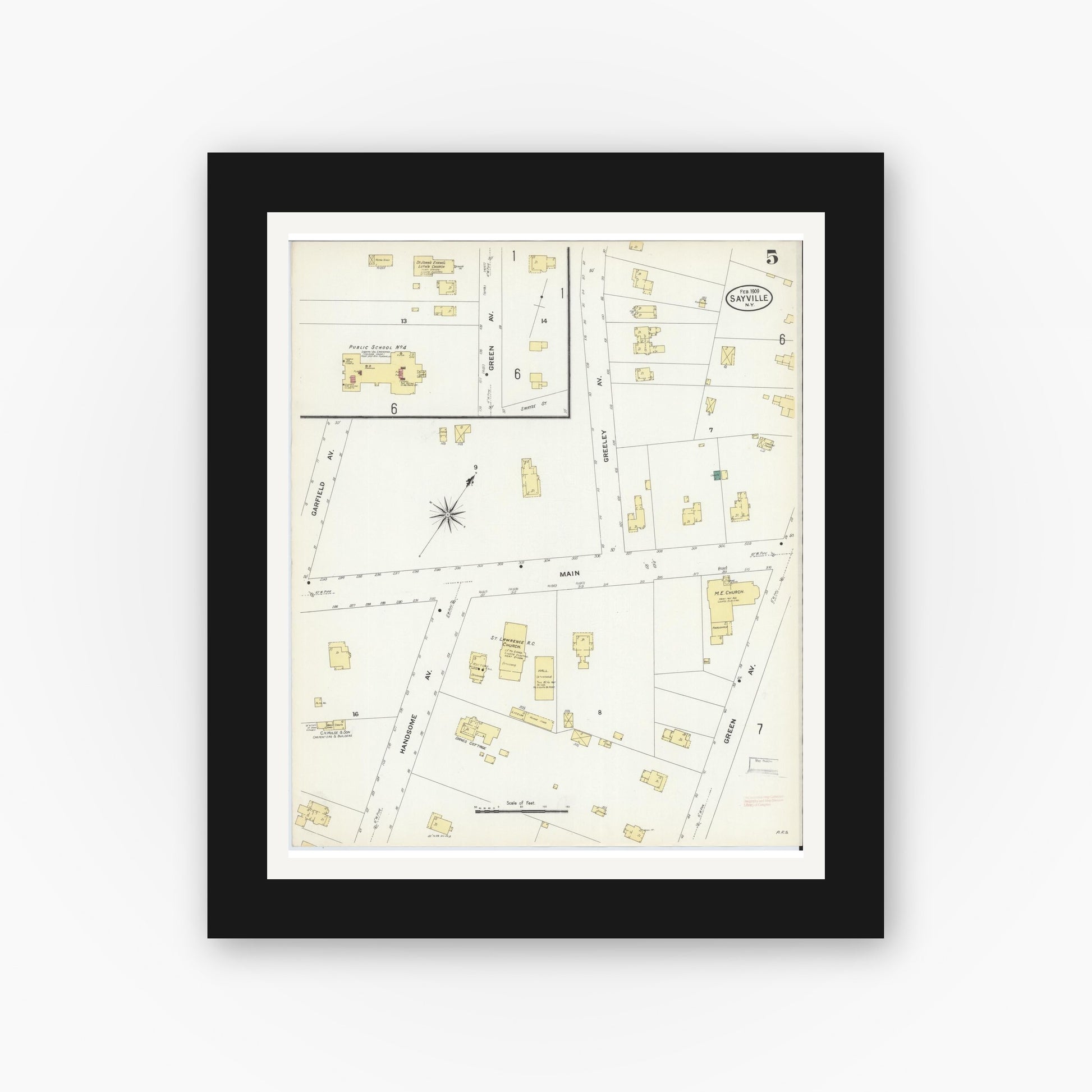 Old map wall art mockup — black gallery frame with white mat — Sanborn Fire Insurance Map from Sayville, Suffolk County, New York (1909), Sheet #0005