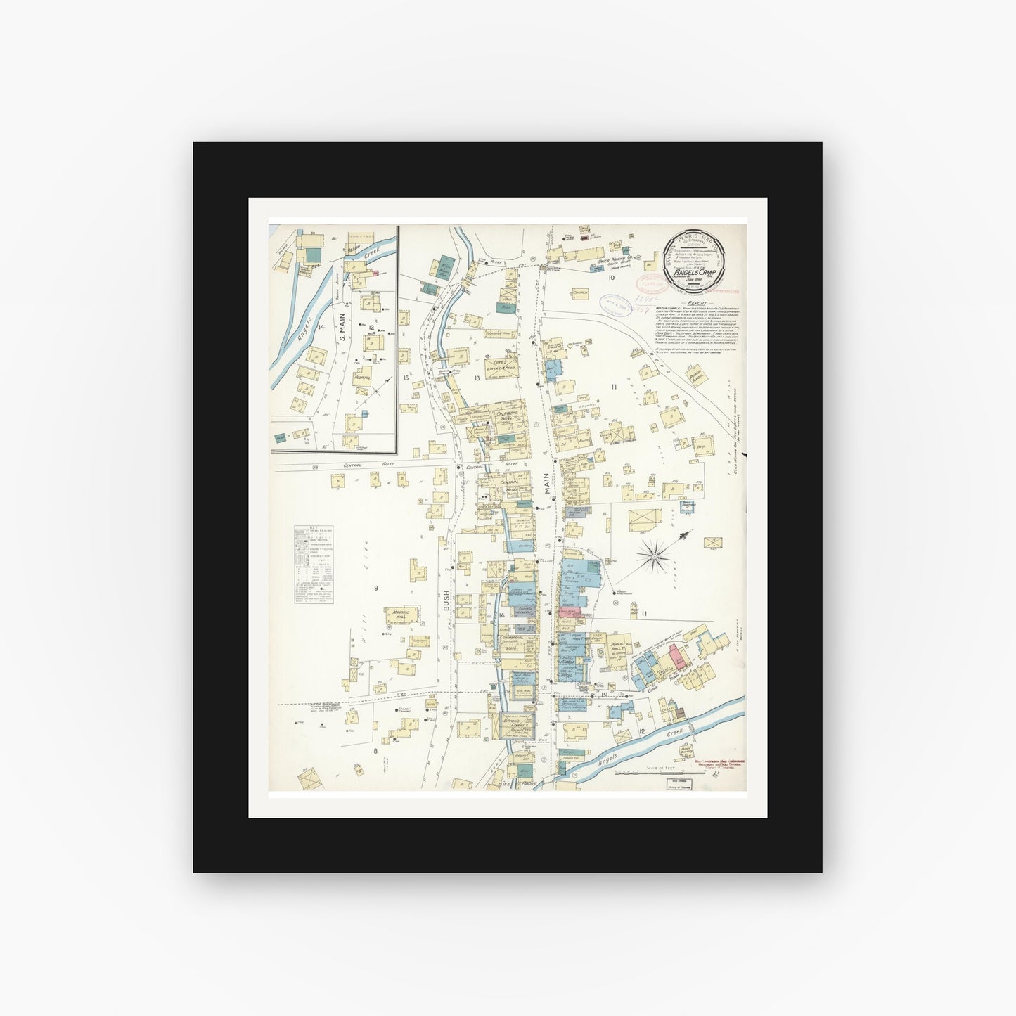 Old map wall art mockup — black gallery frame with white mat — Sanborn Fire Insurance Map from Angels Camp, Calaveras County, California (1898), Sheet #0001