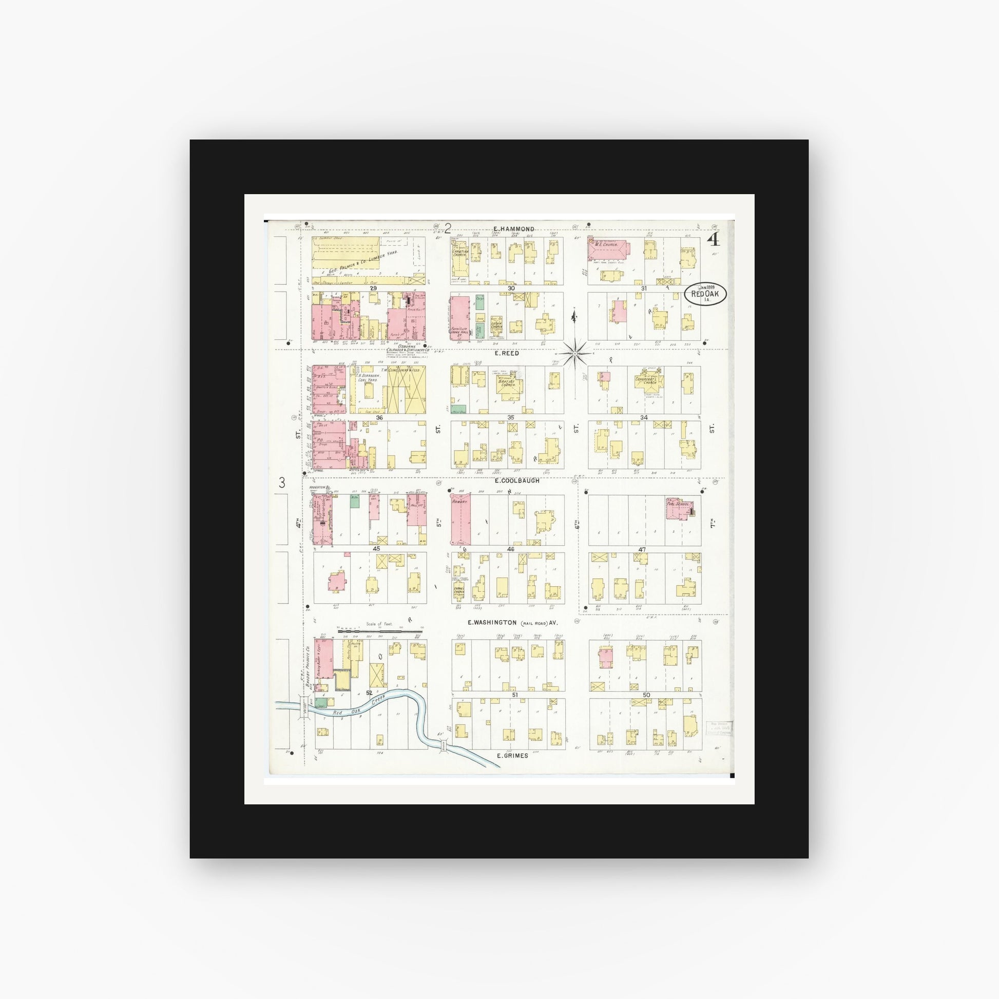 Old map wall art mockup — black gallery frame with white mat — Sanborn Fire Insurance Map from Red Oak, Montgomery County, Iowa (1899), Sheet #0004