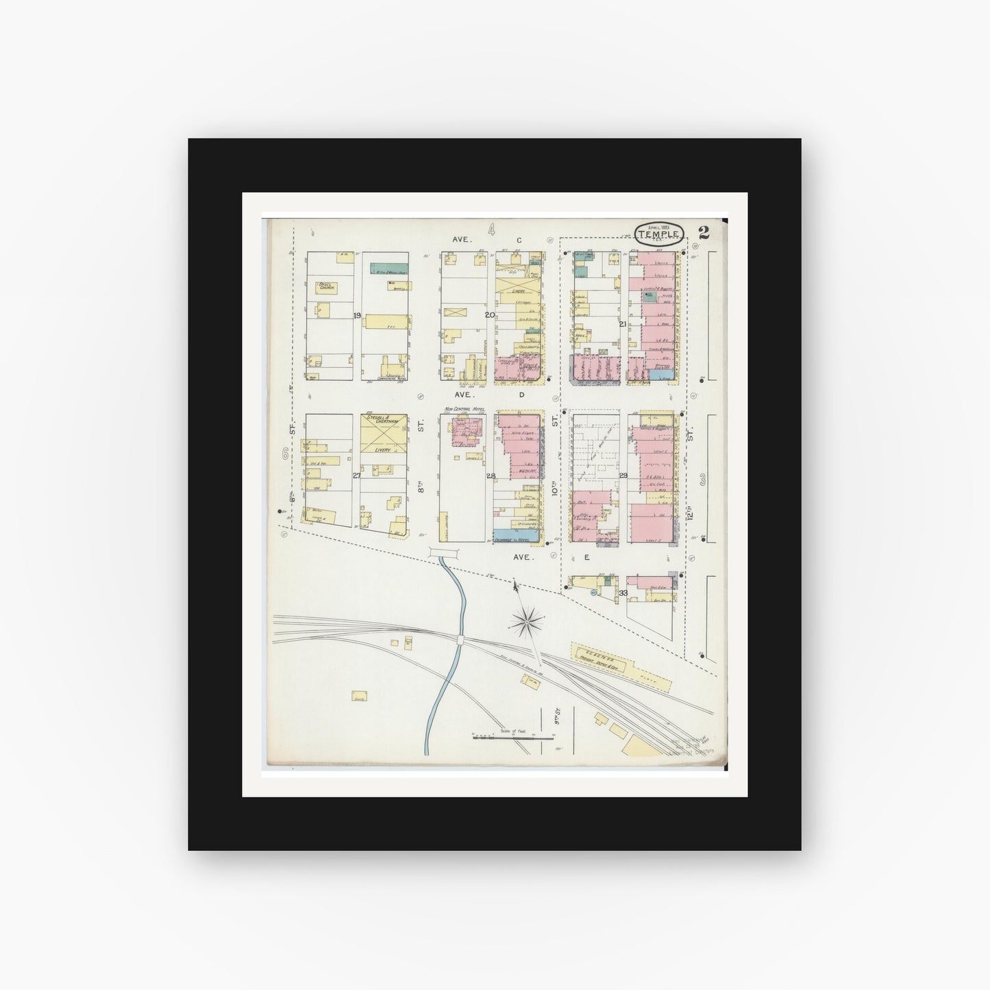 Old map wall art mockup — black gallery frame with white mat — Sanborn Fire Insurance Map from Temple, Bell County, Texas (1893), Sheet #0002