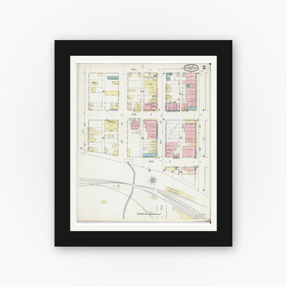 Old map wall art mockup — black gallery frame with white mat — Sanborn Fire Insurance Map from Temple, Bell County, Texas (1893), Sheet #0002