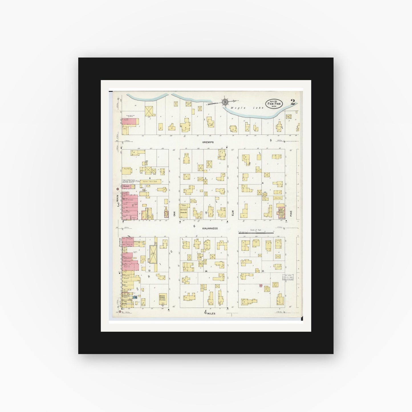 Old map wall art mockup — black gallery frame with white mat — Sanborn Fire Insurance Map from Paw Paw, Van Buren County, Michigan (1911), Sheet #0002
