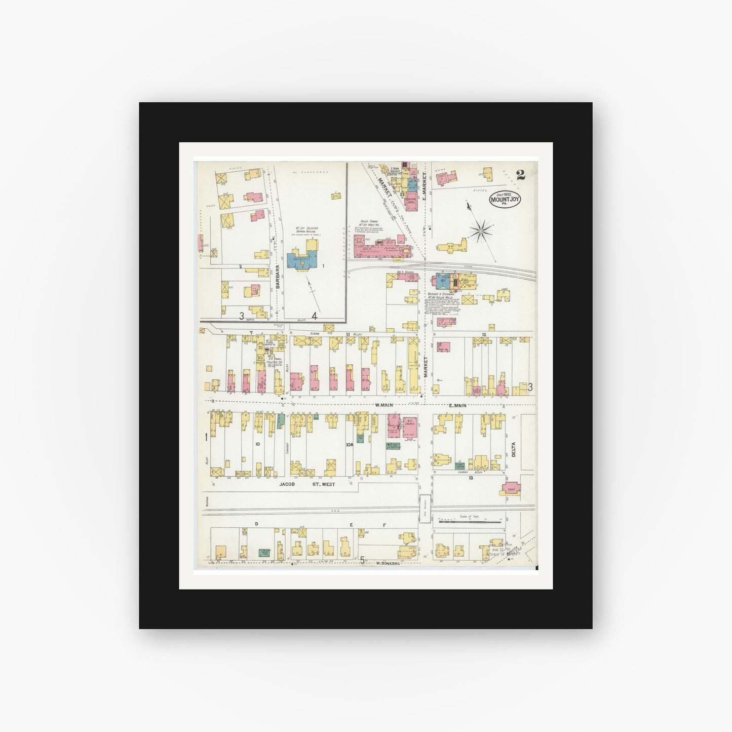 Old map wall art mockup — black gallery frame with white mat — Sanborn Fire Insurance Map from Mount Joy, Lancaster County, Pennsylvania (1902), Sheet #0002