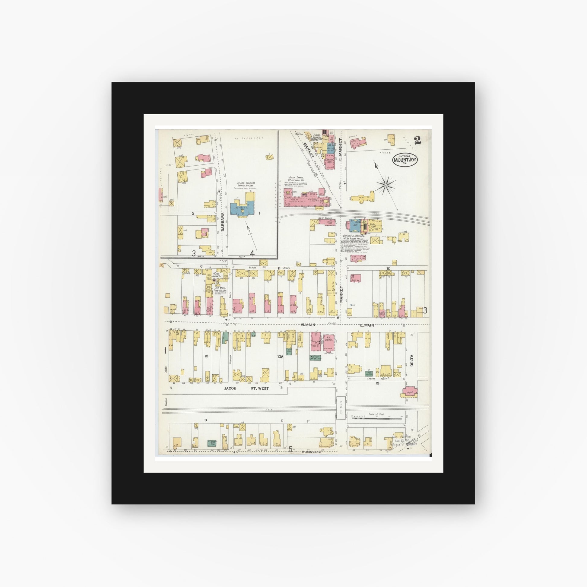 Old map wall art mockup — black gallery frame with white mat — Sanborn Fire Insurance Map from Mount Joy, Lancaster County, Pennsylvania (1902), Sheet #0002