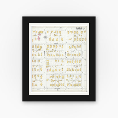 Old map wall art mockup — black gallery frame with white mat — Sanborn Fire Insurance Map from Bloomington, McLean County, Illinois (1901), Sheet #0007