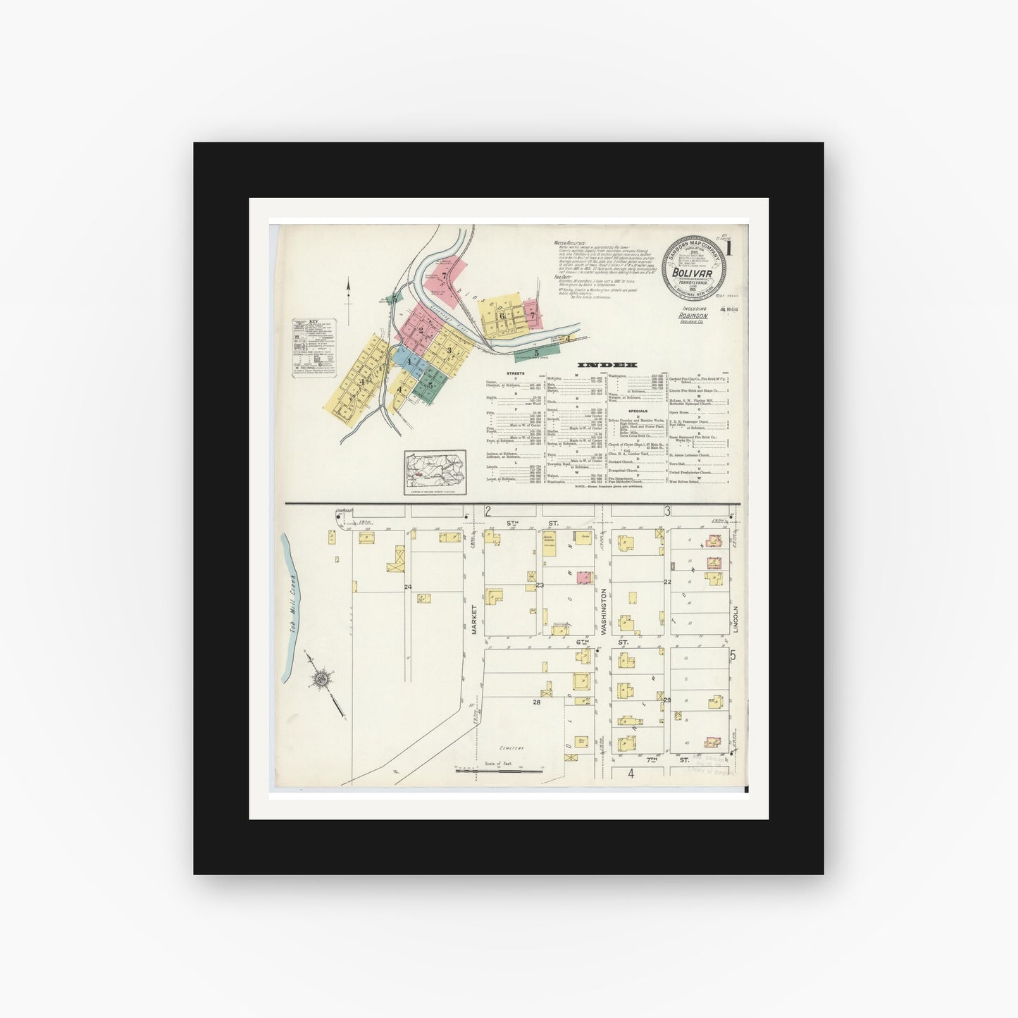 Old map wall art mockup — black gallery frame with white mat — Sanborn Fire Insurance Map from Bolivar, Westmoreland County, Pennsylvania (1915) - Complete Map Set