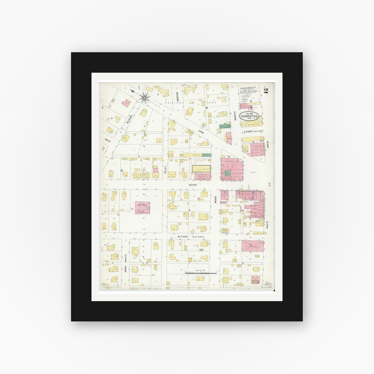 Old map wall art mockup — black gallery frame with white mat — Sanborn Fire Insurance Map from Loogootee, Martin County, Indiana (1907), Sheet #0002
