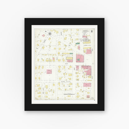 Old map wall art mockup — black gallery frame with white mat — Sanborn Fire Insurance Map from Loogootee, Martin County, Indiana (1907), Sheet #0002