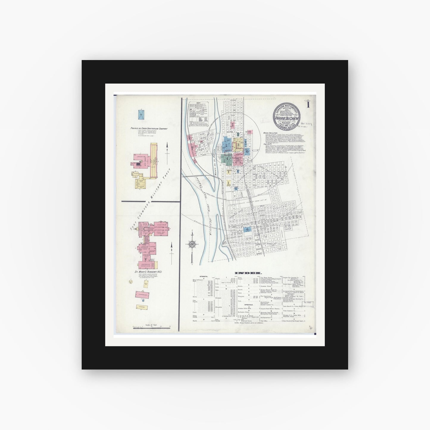 Old map wall art mockup — black gallery frame with white mat — Sanborn Fire Insurance Map from Prairie du Chien, Crawford County, Wisconsin (1912) - Complete Map Set