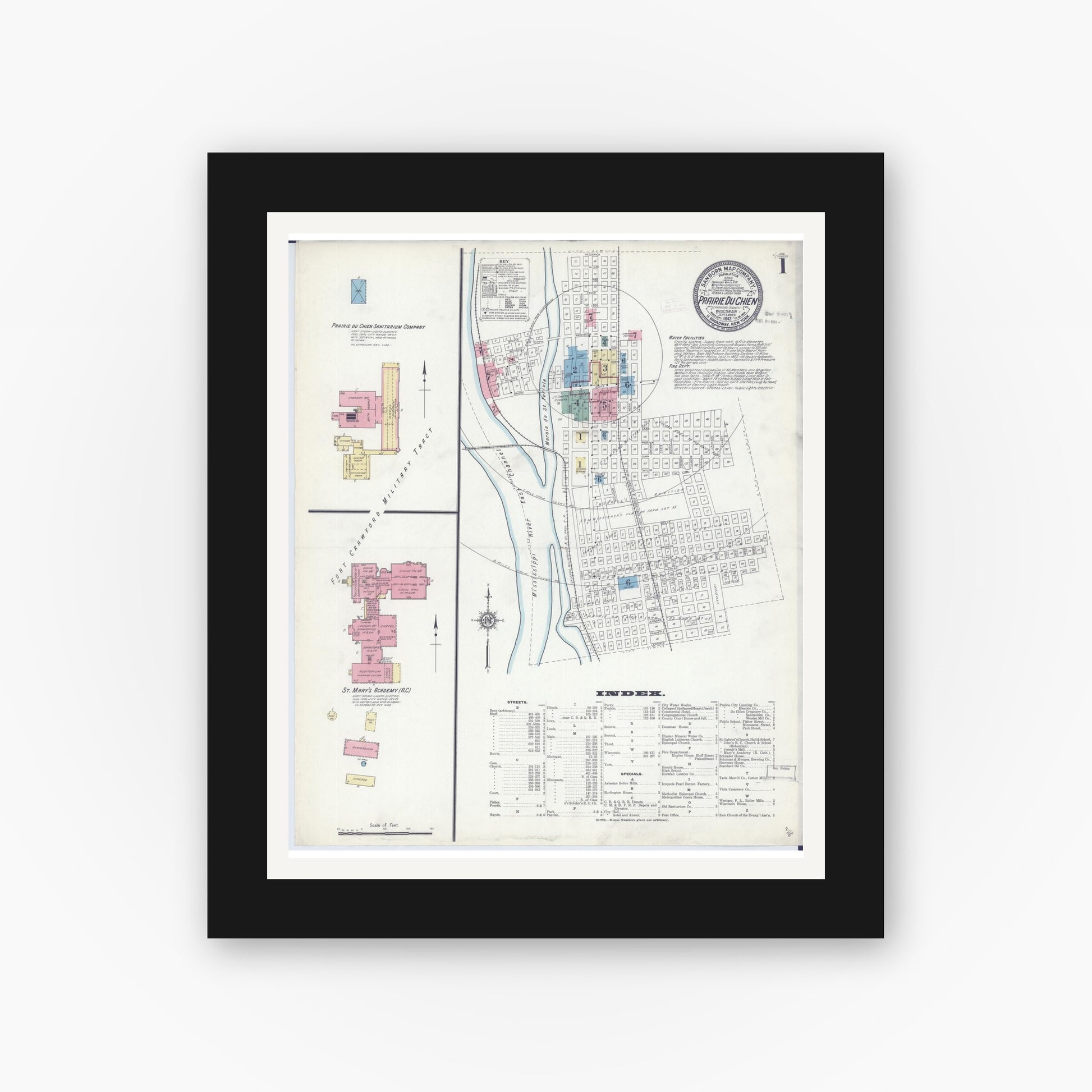 Old map wall art mockup — black gallery frame with white mat — Sanborn Fire Insurance Map from Prairie du Chien, Crawford County, Wisconsin (1912) - Complete Map Set
