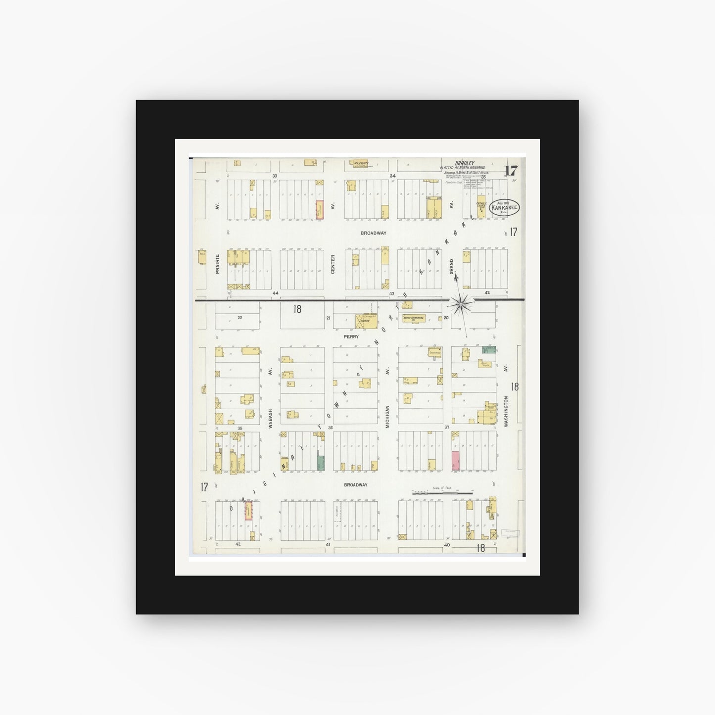 Old map wall art mockup — black gallery frame with white mat — Sanborn Fire Insurance Map from Kankakee, Kankakee County, Illinois (1901), Sheet #0017