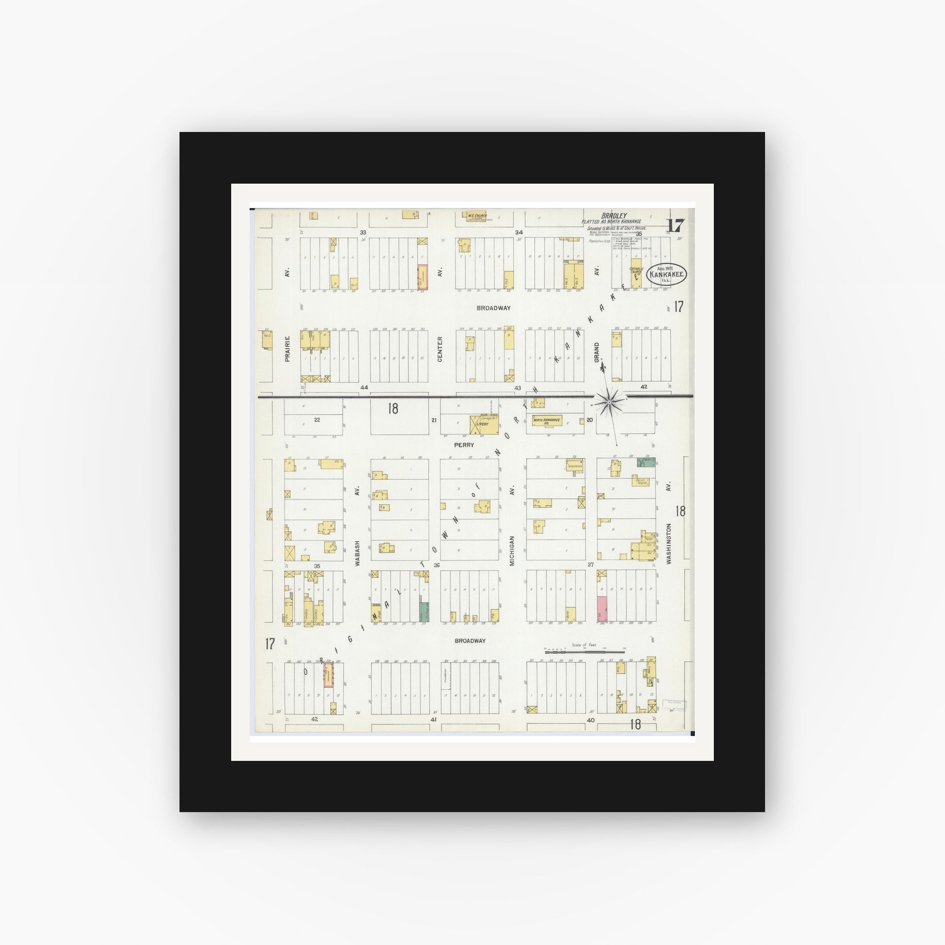 Old map wall art mockup — black gallery frame with white mat — Sanborn Fire Insurance Map from Kankakee, Kankakee County, Illinois (1901), Sheet #0017