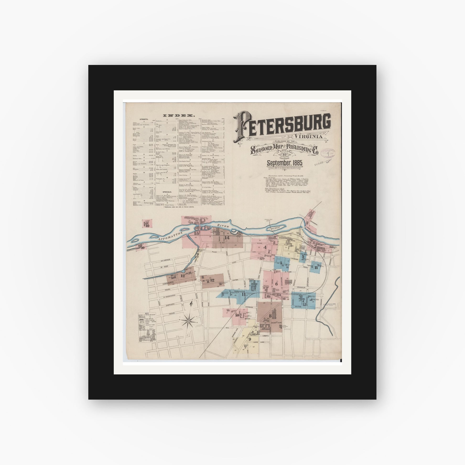 Old map wall art mockup — black gallery frame with white mat — Sanborn Fire Insurance Map from Petersburg, Independent Cities, Virginia (1885) - Complete Map Set
