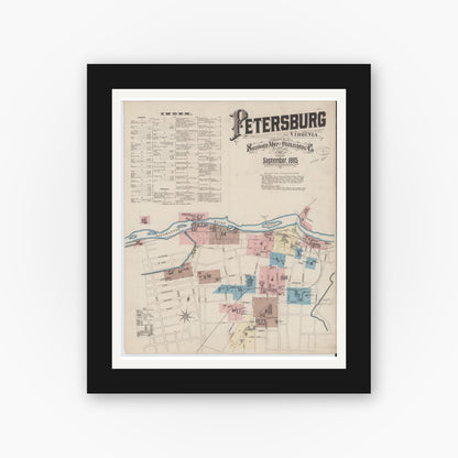 Old map wall art mockup — black gallery frame with white mat — Sanborn Fire Insurance Map from Petersburg, Independent Cities, Virginia (1885) - Complete Map Set