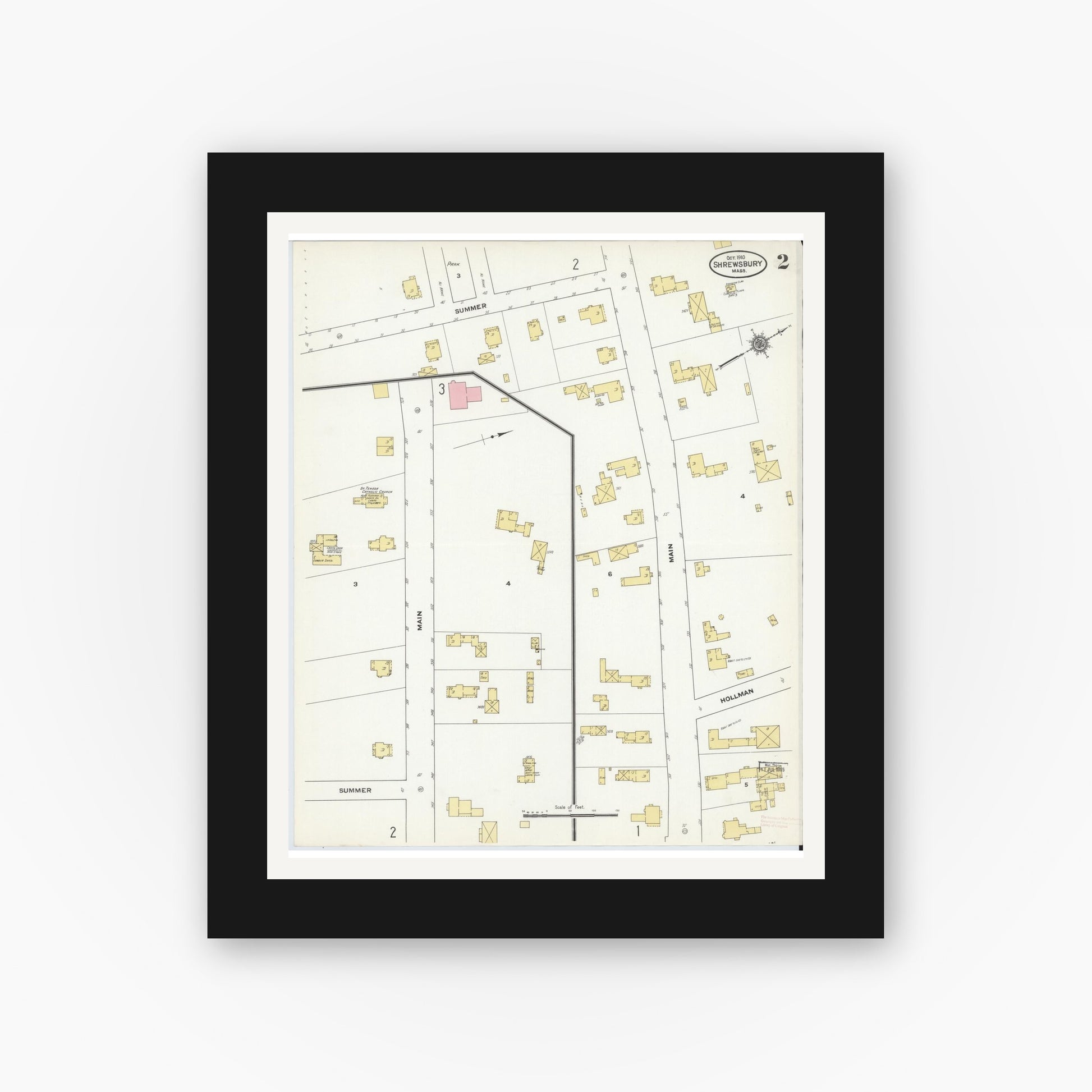 Old map wall art mockup — black gallery frame with white mat — Sanborn Fire Insurance Map from Shrewsbury, Worcester County, Massachusetts (1910), Sheet #0002