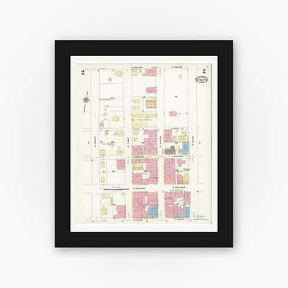 Old map wall art mockup — black gallery frame with white mat — Sanborn Fire Insurance Map from Seguin, Guadalupe County, Texas (1924), Sheet #0002